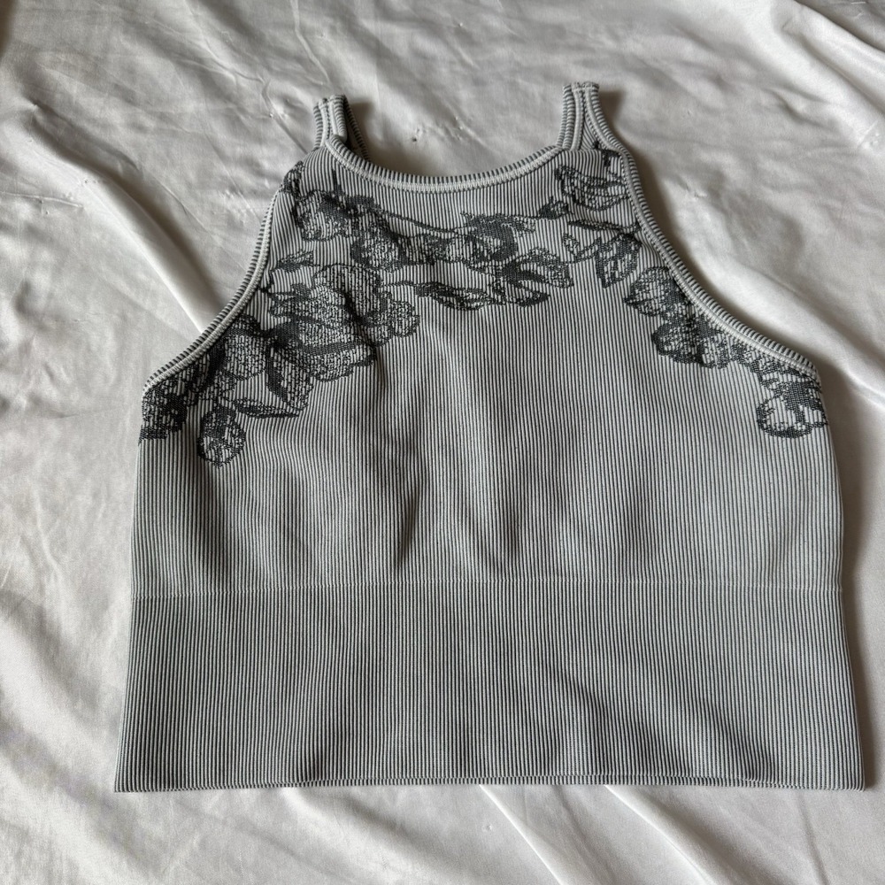 Athleta Ribbed Floral Racerback‎ Crop Tank Sports Bra XS Gray Activewear